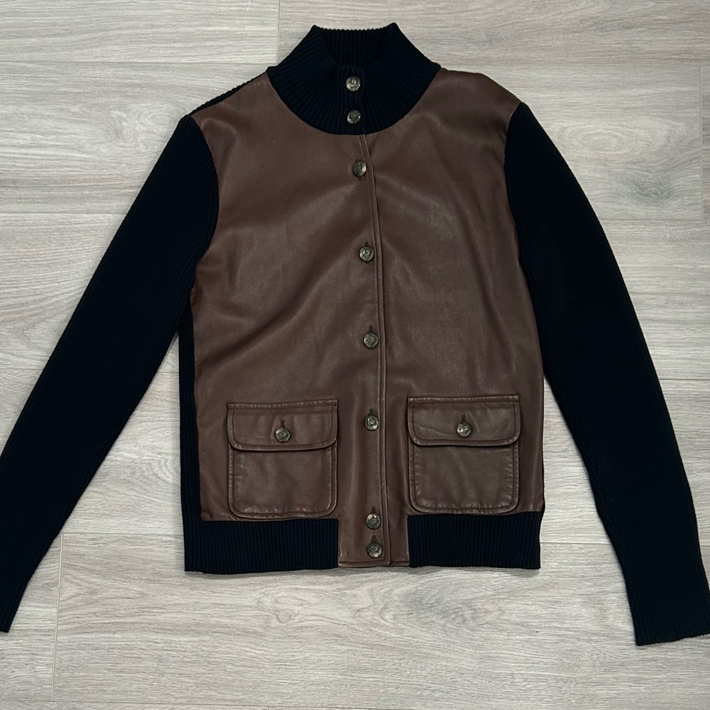 Lauren Ralph Lauren Brown Faux Leather Dark Navy (Black) Knit Cardigan - Picture 2 of 12